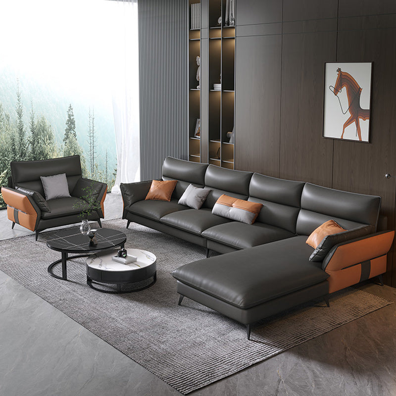 Vintage Sewn Pillow Back Sofa & Chaise 4-seat Faux Leather Sofa