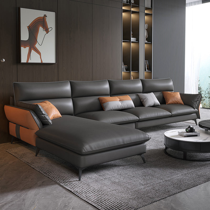 Vintage Sewn Pillow Back Sofa & Chaise 4-seat Faux Leather Sofa