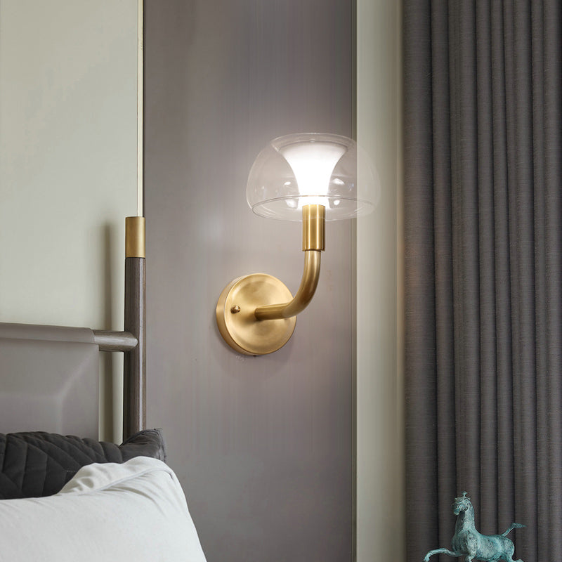 1/2 Bulbs Bowl Sconce Light Traditional Brass Metal Wall Mount Lamp with Clear Glass Shade for Bedroom