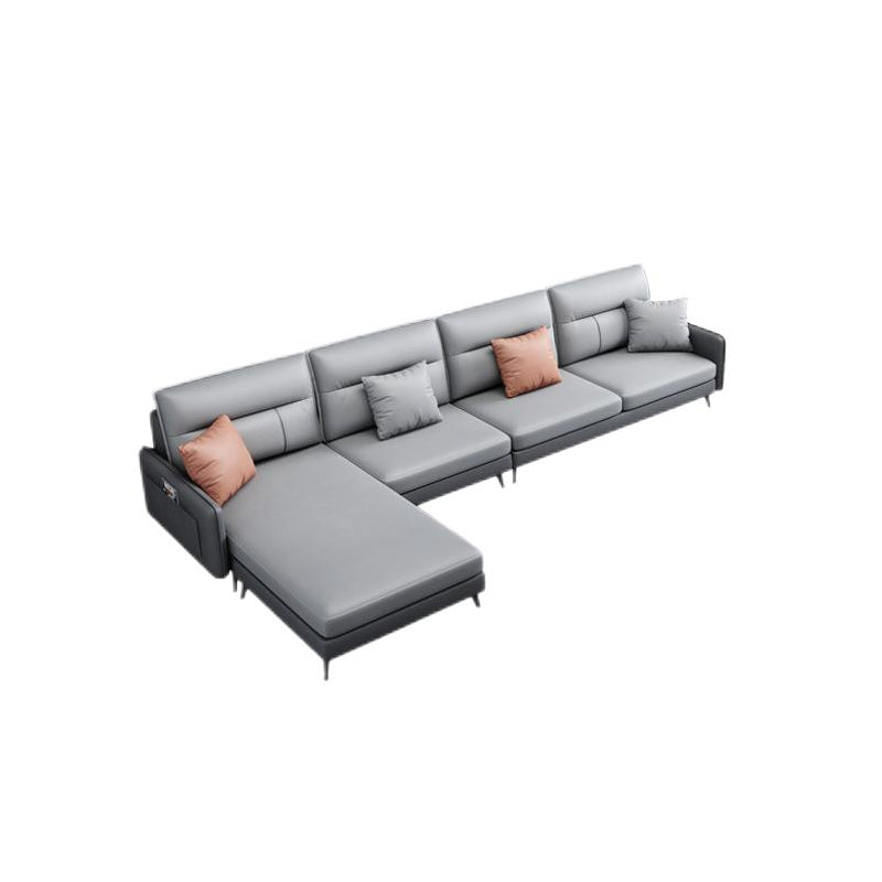 4-seat Sewn Pillow Back Sofa & Chaise Faux Leather Retro Sofa