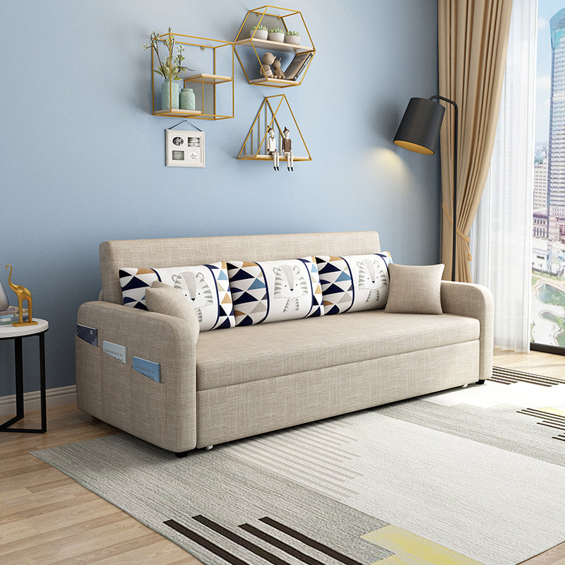 Contemporary Cotton Blend Square Arm Sofa Bed with Pillows in Brown
