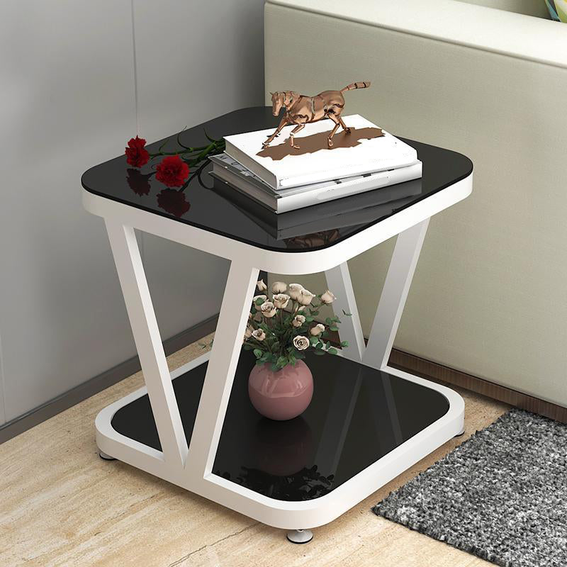 Modern Metal and Glass End Table Square Trestle End Table for Living Room