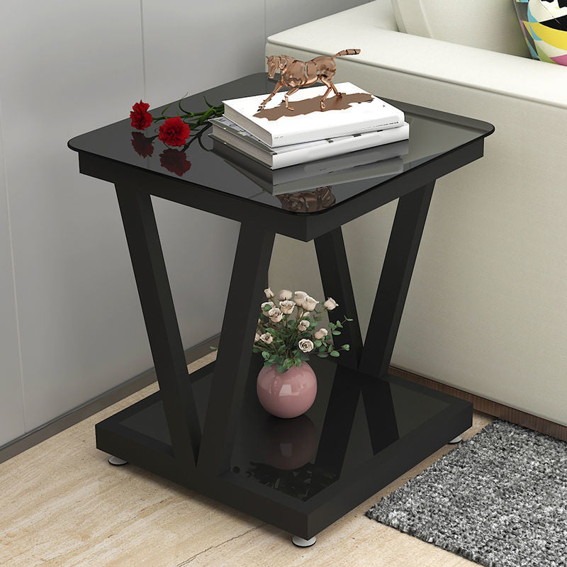 Modern Metal and Glass End Table Square Trestle End Table for Living Room