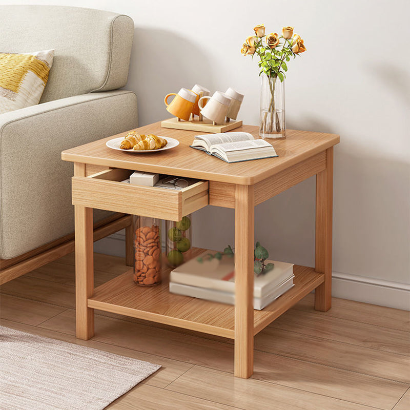 Square Wooden 4 Legs Side Table 1-Drawer End Table with Shelf