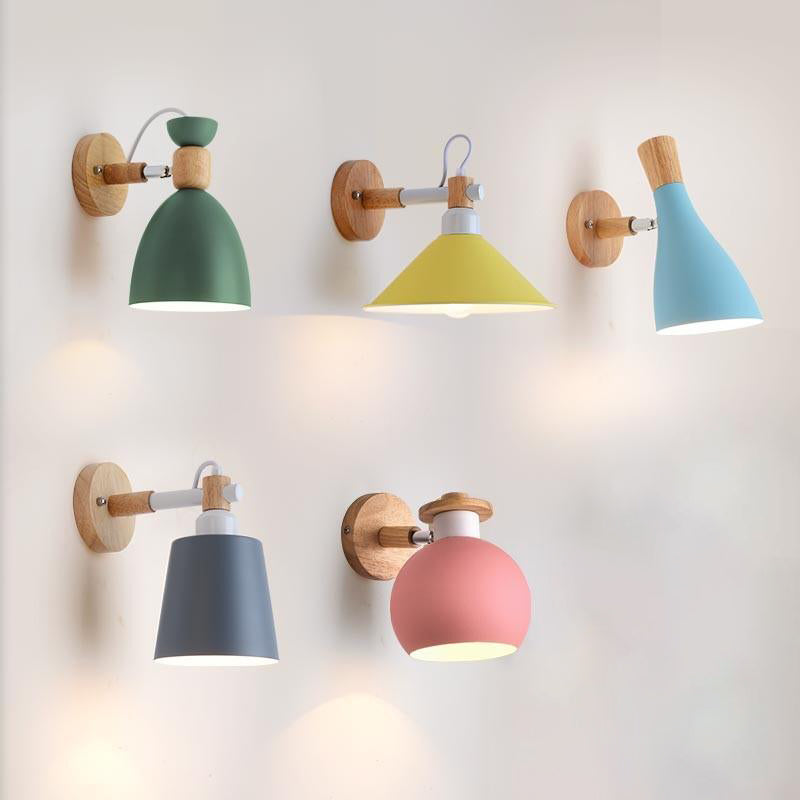 Nordic Metal Wall Light Geometric Colorful Wall Sconce with Wood for Living Room