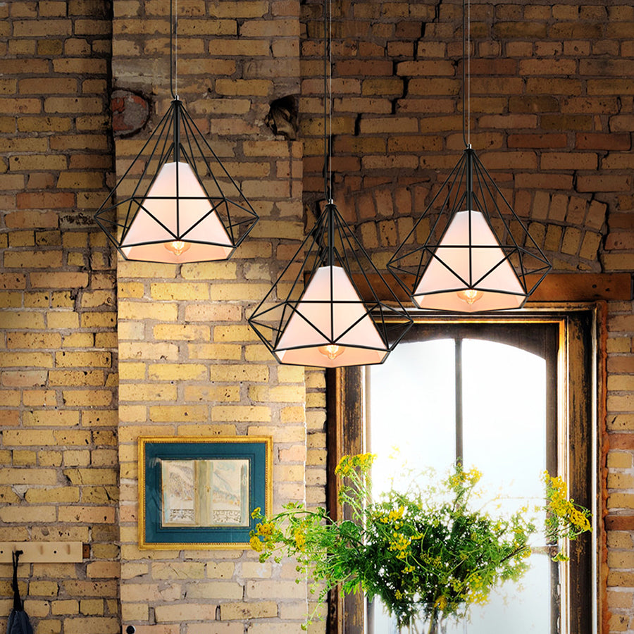 10/15/18" W 1 Bulb Diamond Cage Hanging Light Antique Style White/White and Brown Metal Ceiling Fixture with Fabric Shade