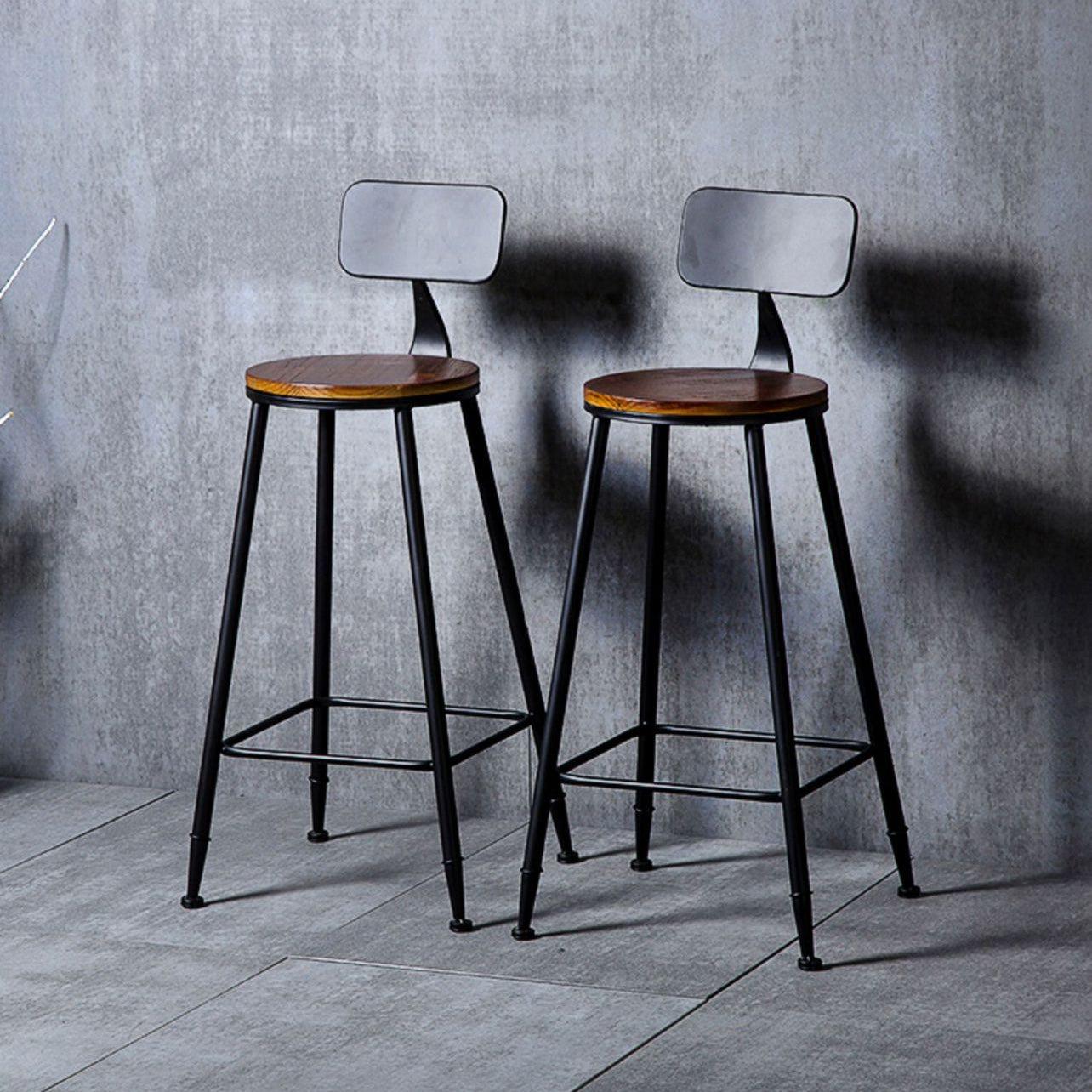 Indoor Industrial Style Wood Top Barstool Metal 4 Legs Bar Stool with Pedal