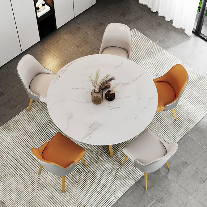 Modern White Stone Dining Table Metal Double Pedestal Table for Kitchen