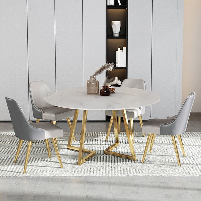 Modern White Stone Dining Table Metal Double Pedestal Table for Kitchen