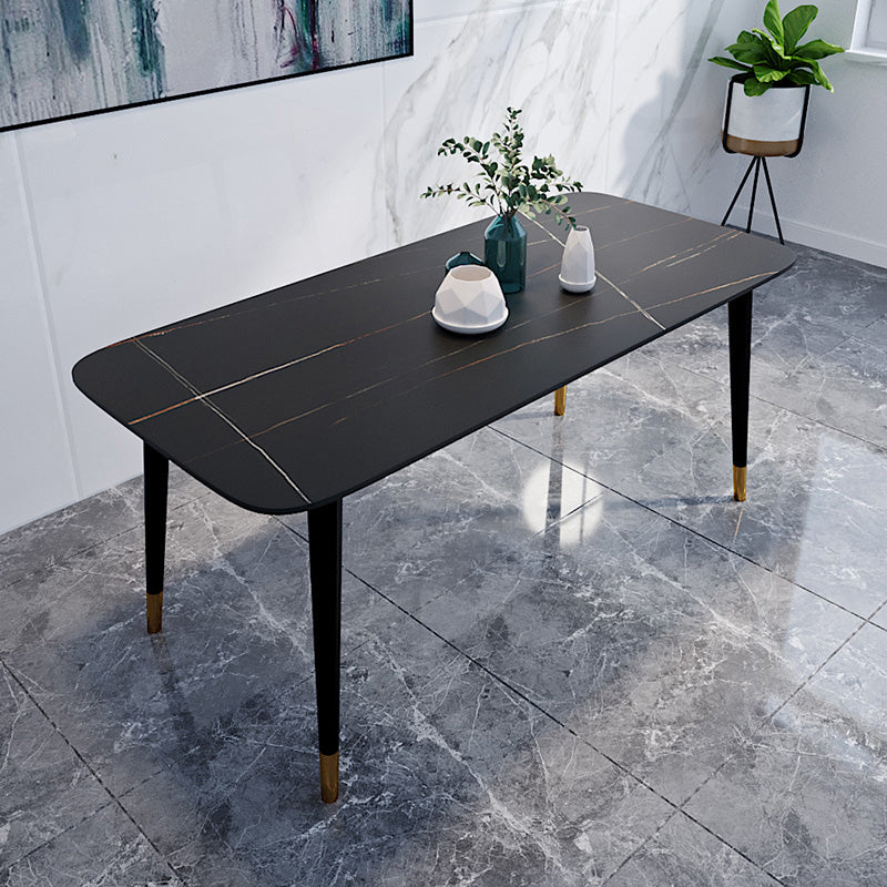 Rectangle Black Base Dining Table Modern Stone 4 Iron Legs Table