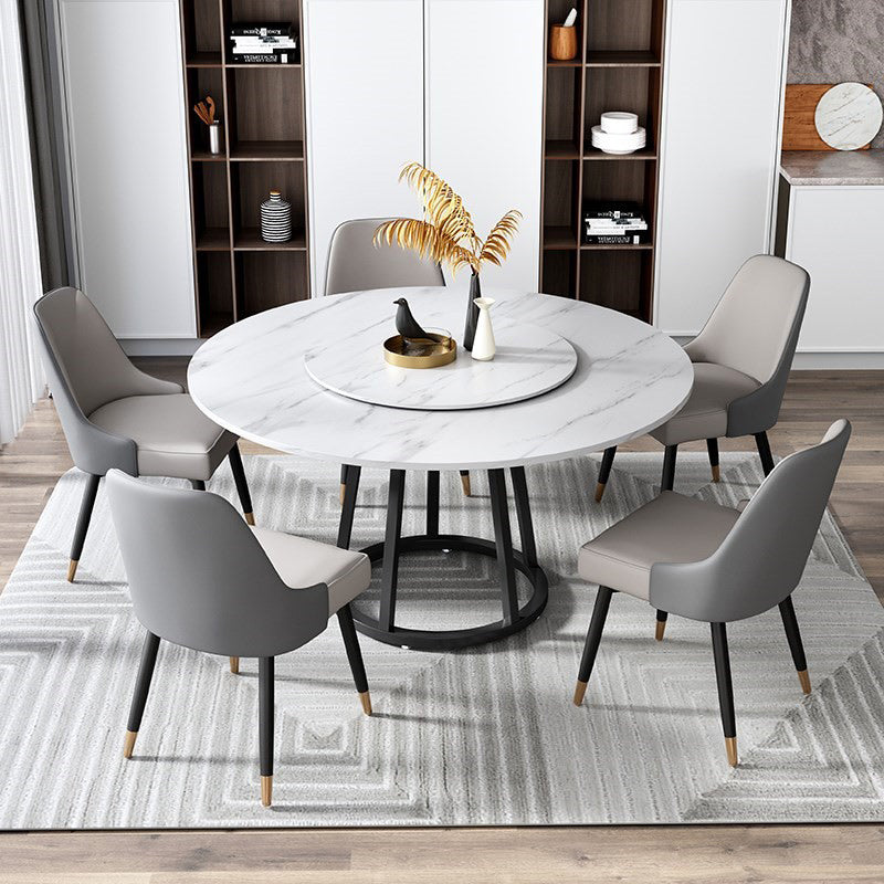 Round Black Iron Base Dining Table Modern Stone Pedestal Table