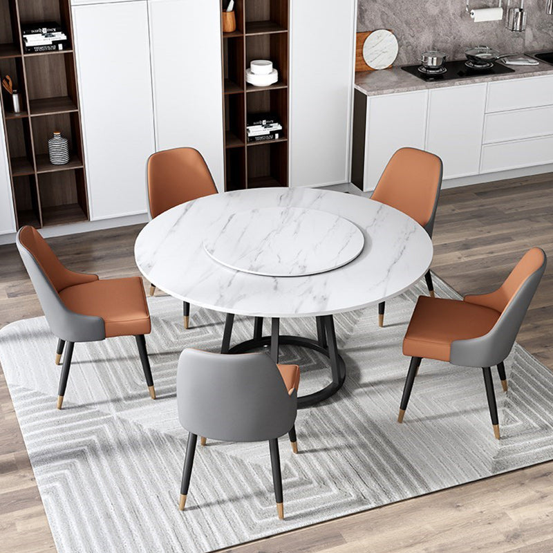 Round Black Iron Base Dining Table Modern Stone Pedestal Table