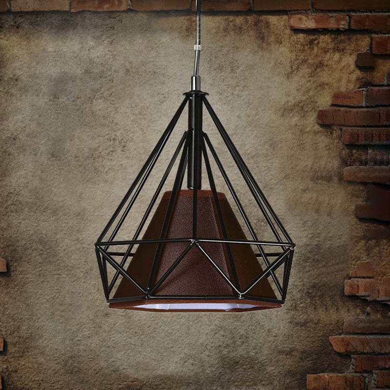 10/15/18" W 1 Bulb Diamond Cage Hanging Light Antique Style White/White and Brown Metal Ceiling Fixture with Fabric Shade
