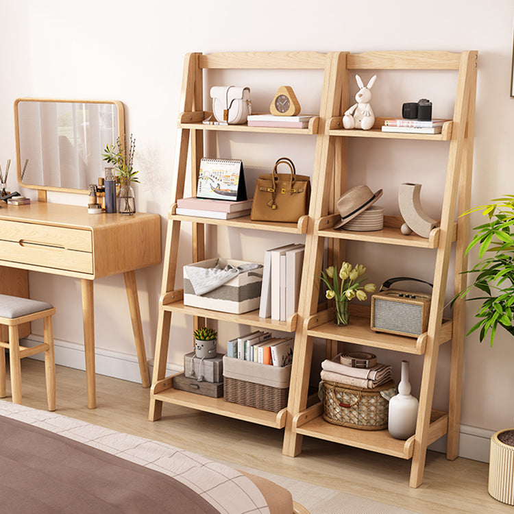Contemporary Open Ladder Bookshelf Rubber Wood Vertical Bookcase