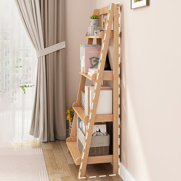 Contemporary Open Ladder Bookshelf Rubber Wood Vertical Bookcase