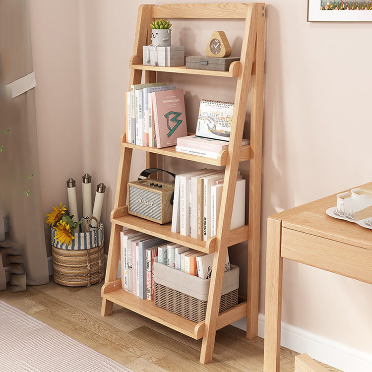 Contemporary Open Ladder Bookshelf Rubber Wood Vertical Bookcase