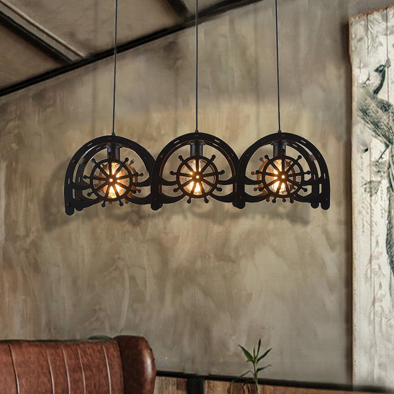 Metal Black Pendant Lamp Wheel Shade 2/3-Light Vintage Chandelier Light Fixture for Living Room