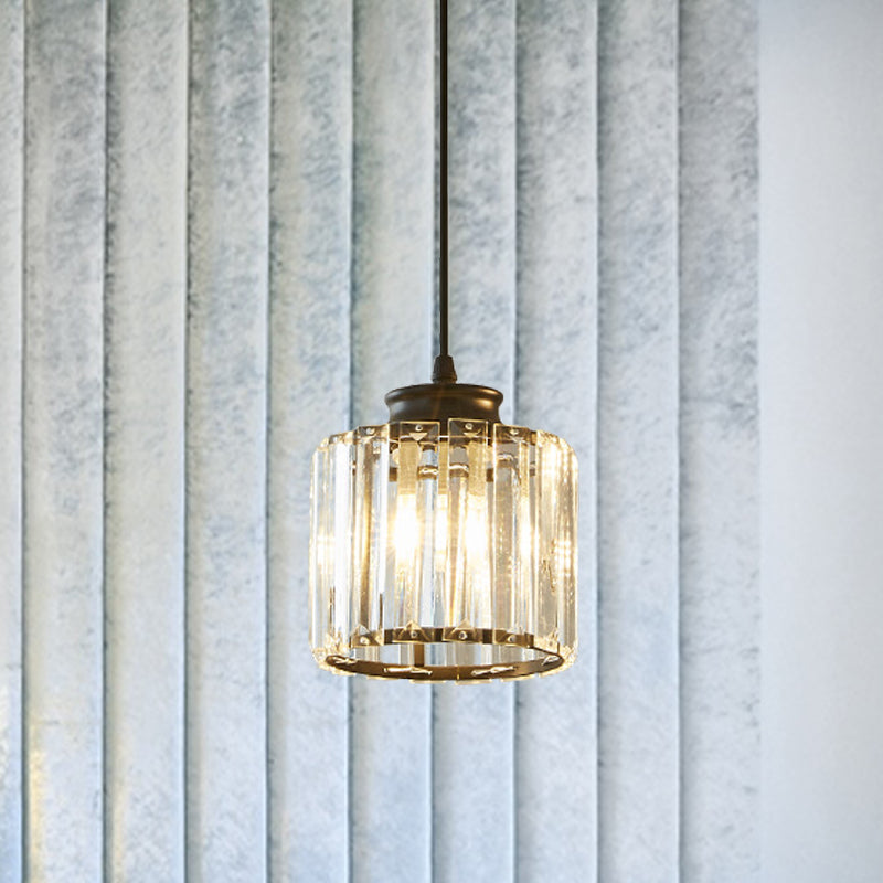Black Drum Pendant Light Modernist 1 Head Clear Crystal Ceiling Hang Fixture for Living Room