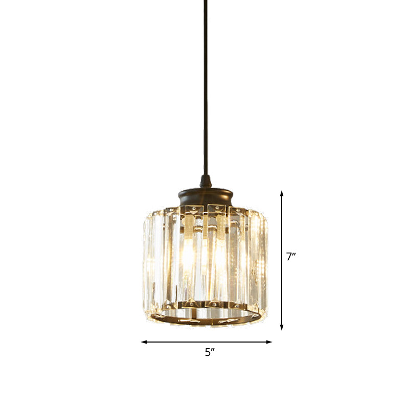Black Drum Pendant Light Modernist 1 Head Clear Crystal Ceiling Hang Fixture for Living Room