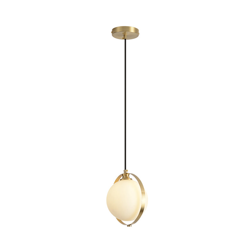 Global Suspended Pendant Light Simple White Frosted Glass 1 Bulb Bedside Hanging Ceiling Lamp with Brass Ring