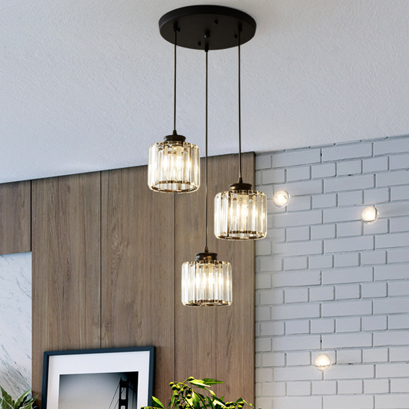 Drum Crystal Multi Light Pendant Modernist 3 Lights Black Ceiling Hang Fixture with Linear/Round Canopy