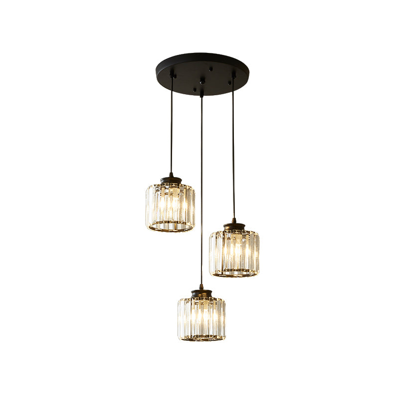 Drum Crystal Multi Light Pendant Modernist 3 Lights Black Ceiling Hang Fixture with Linear/Round Canopy