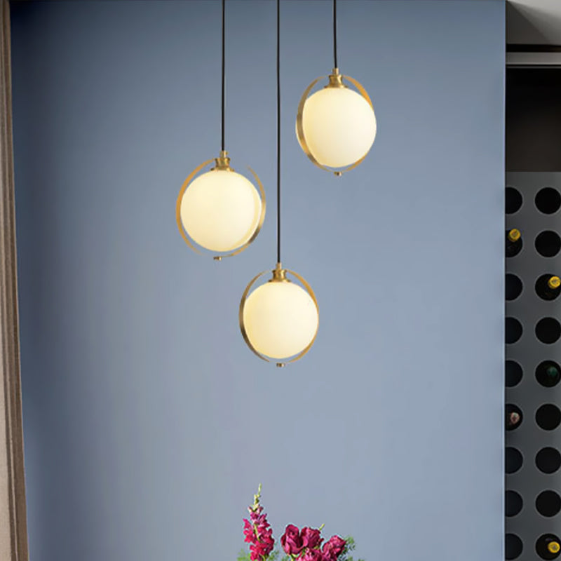 Opal Glass Ball Suspension Lighting Modern 3 Heads Cluster Pendant Lamp in Gold with Linear/Round Canopy