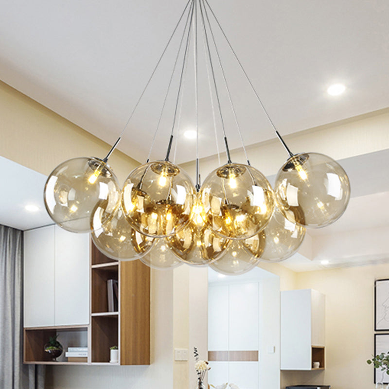10 lumières Livrés Pendard multiclongé moderne lampe à plafond à LED chromé moderne avec une teinte en verre ambre bulle