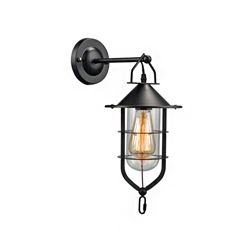 Clear Glass Black Sconce Lamp Capsule 1-Light Traditional Wall Mounted Lighting with Cage