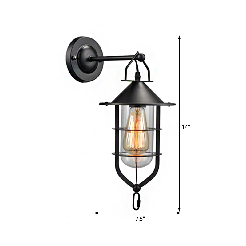 Clear Glass Black Sconce Lamp Capsule 1-Light Traditional Wall Mounted Lighting with Cage