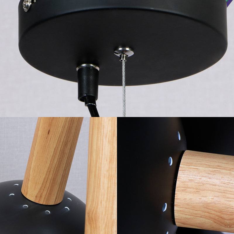 Metal Domed Hanging Chandelier Industrial 3-Light Dining Room Pendant Light with Wood