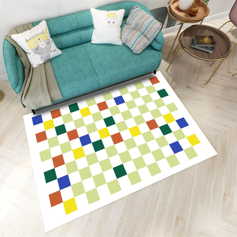 Sapphire Blue Modern Rug Polyester Grid Rug Washable Rug for Living Room