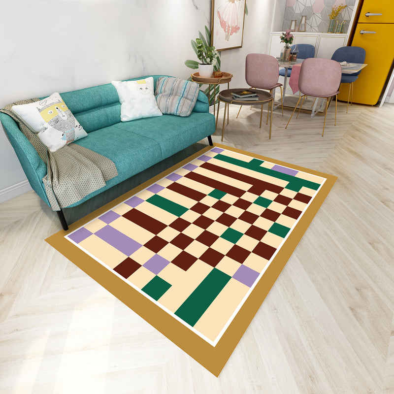 Sapphire Blue Modern Rug Polyester Grid Rug Washable Rug for Living Room