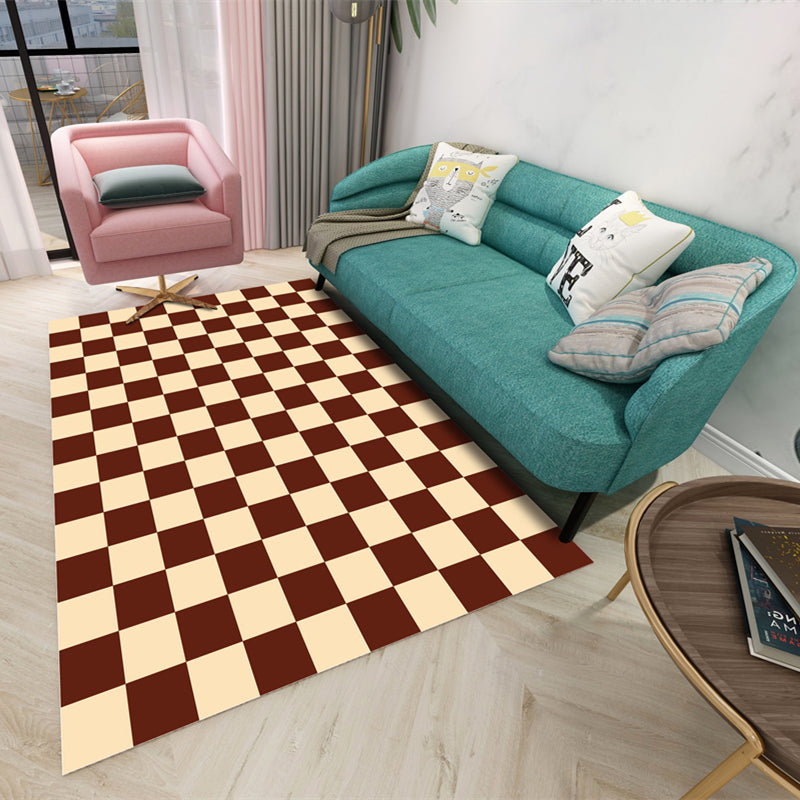 Sapphire Blue Modern Rug Polyester Grid Rug Washable Rug for Living Room