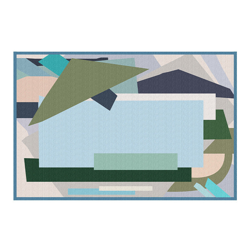 Blue Geometry Print Rug Polyester Contemporary Rug Washable Rug for Home Decor