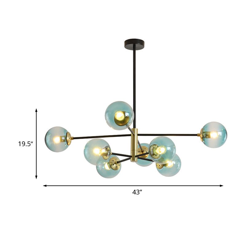Lampadanismo a pendente a sospensione per soggiorno a 8 luci Modernismo in ottone sospeso con sfera di vetro blu con sfera