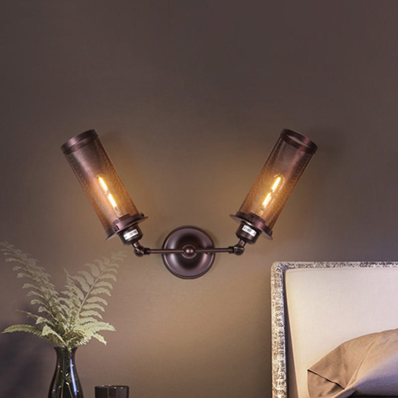 Black Cylinder Wall Lighting Industrial Metal 2-Light Bedroom Sconce Lamp with Cage and Round Backplate