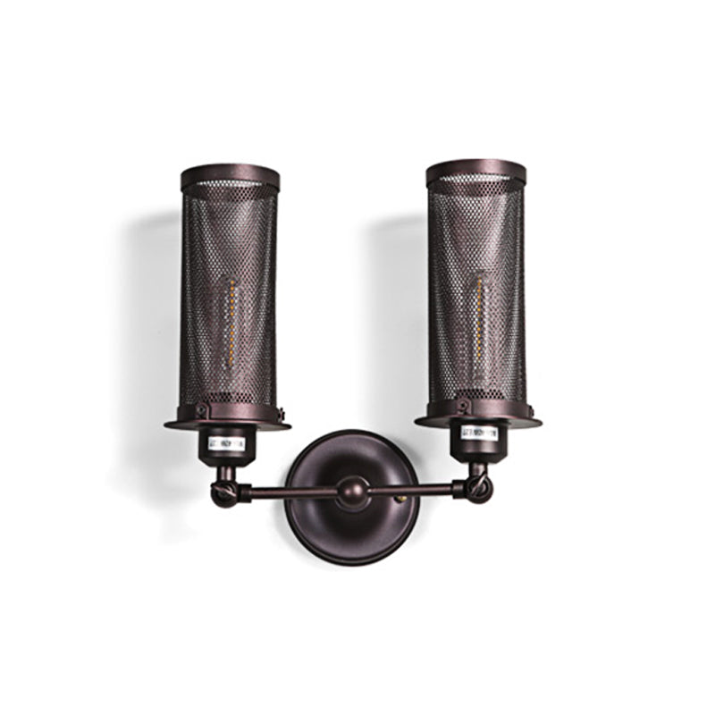 Black Cylinder Wall Lighting Industrial Metal 2-Light Bedroom Sconce Lamp with Cage and Round Backplate