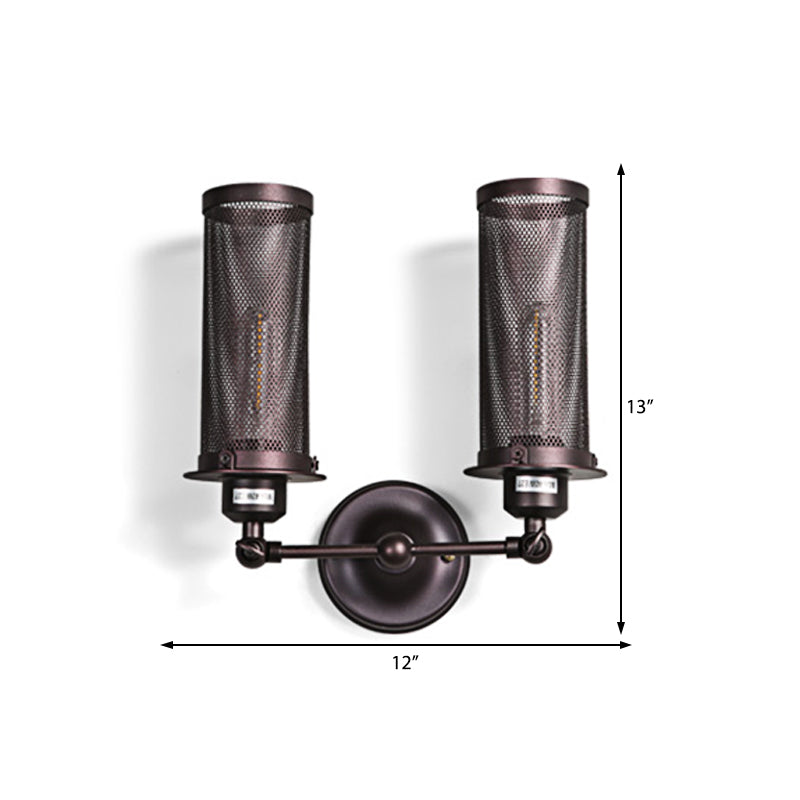 Black Cylinder Wall Lighting Industrial Metal 2-Light Bedroom Sconce Lamp with Cage and Round Backplate