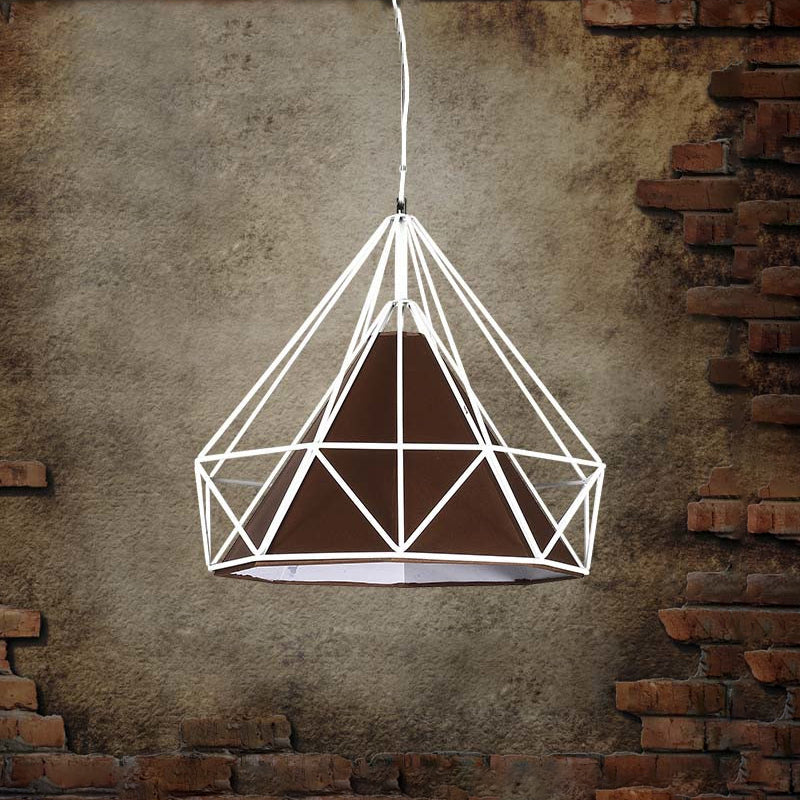10/15/18" W 1 Bulb Diamond Cage Hanging Light Antique Style White/White and Brown Metal Ceiling Fixture with Fabric Shade