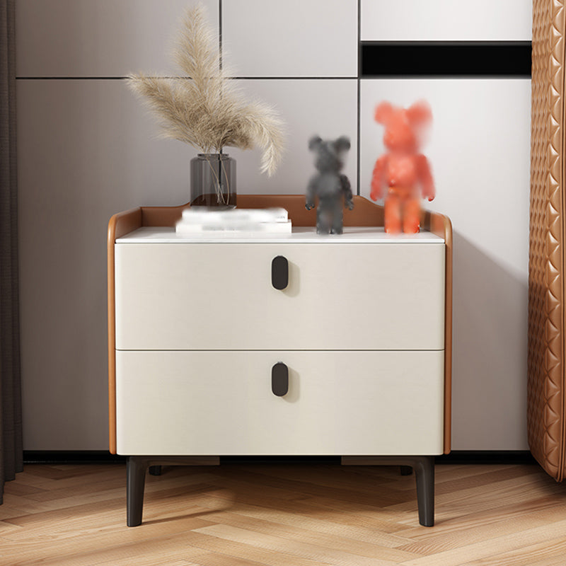 18'' Tall Modern Bed Nightstand 2-Drawer Storage Stone Top Oak Night Table