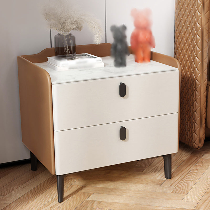 18'' Tall Modern Bed Nightstand 2-Drawer Storage Stone Top Oak Night Table