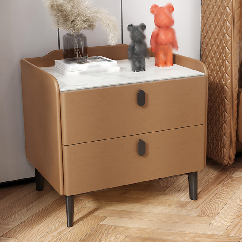 18'' Tall Modern Bed Nightstand 2-Drawer Storage Stone Top Oak Night Table