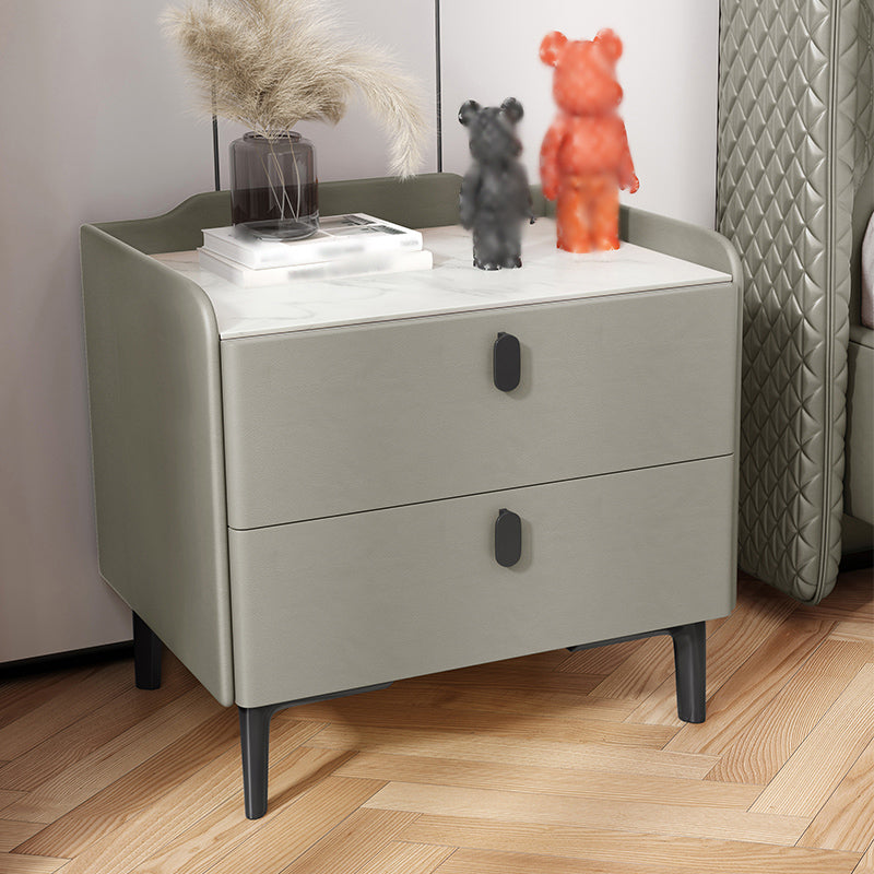 18'' Tall Modern Bed Nightstand 2-Drawer Storage Stone Top Oak Night Table