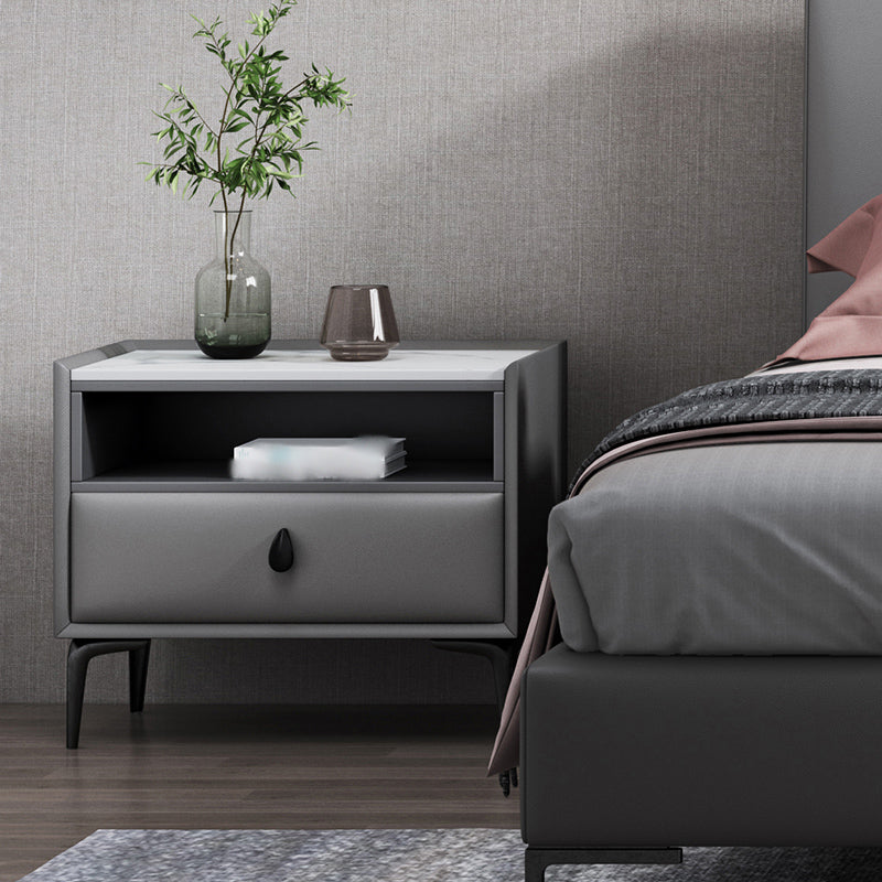 1-Drawer Storage 20'' Tall Nightstand Open Storage Stone Top Solid Wood Night Table