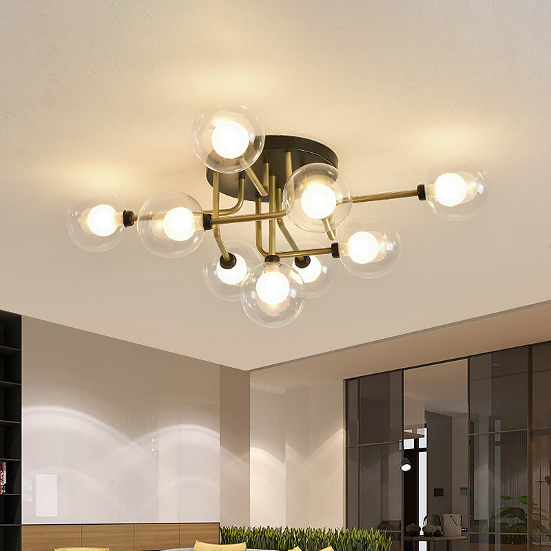 Clear Glass Sphere Semi Flush Lighting Modernism 9 Bulbs LED Ceiling Flush Mount in Gold