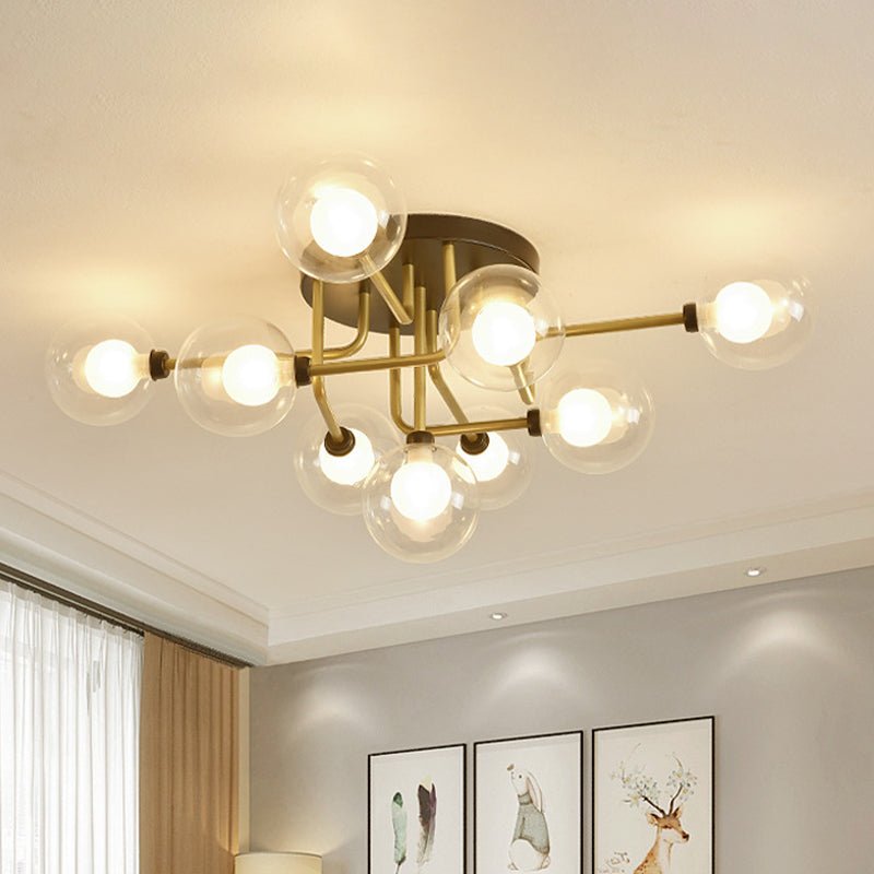 Clear Glass Sphere Semi Flush Lighting Modernism 9 Bulbs LED Ceiling Flush Mount in Gold