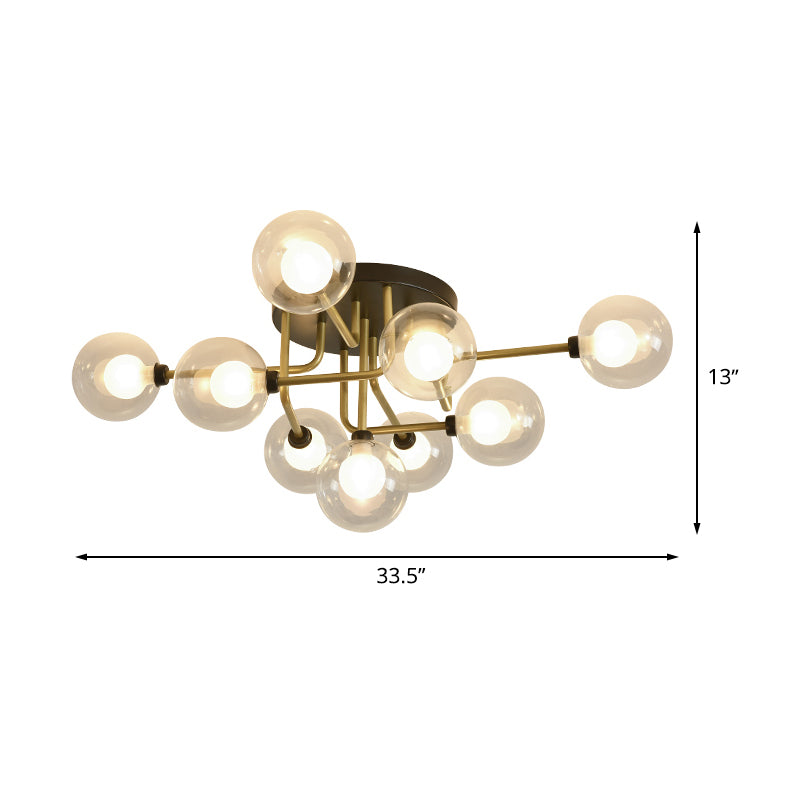 Clear Glass Sphere Semi Flush Lighting Modernism 9 Bulbs LED Ceiling Flush Mount in Gold