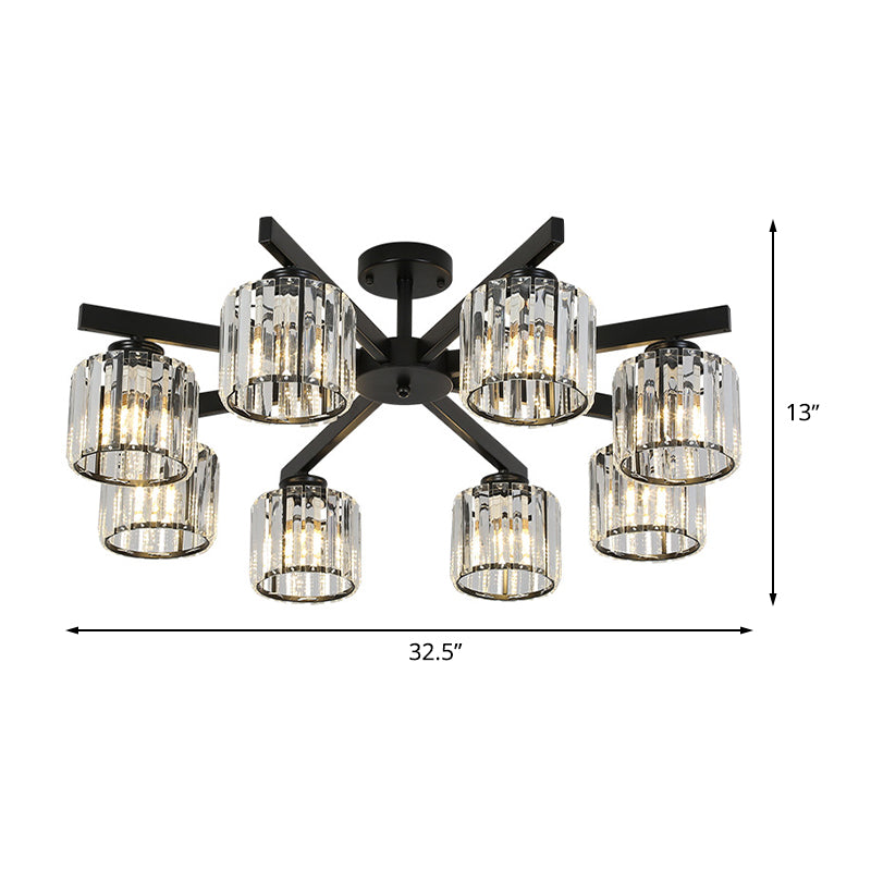 8 Heads Living Room Semi Flush Mount Minimalist Black Close to Ceiling Light with Cylinder Crystal Shade