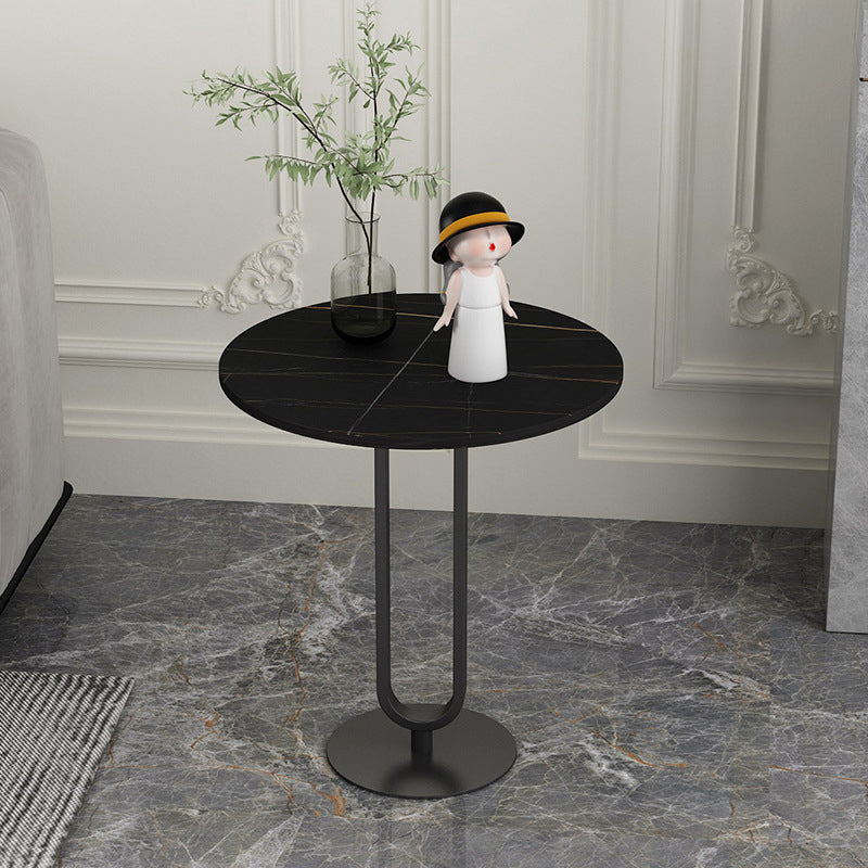 Pedestal Round Stone Side Table 21.65" High Black//White End Table